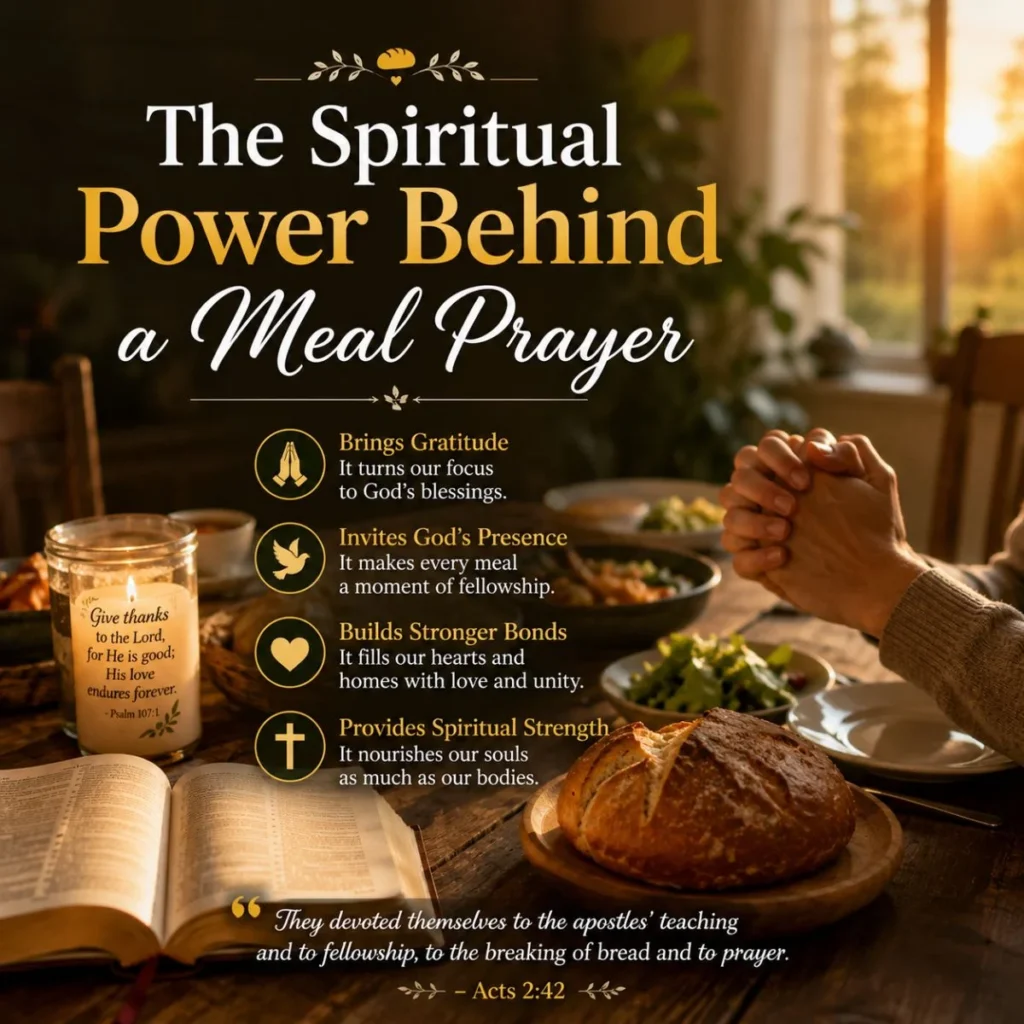 Spiritual meal prayer with bread, candlelight, Bible, and family table symbolizing gratitude and faith