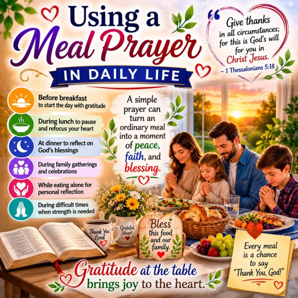 Family saying a meal prayer at the dinner table, expressing gratitude, faith, and daily blessings