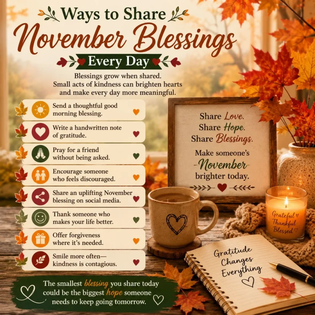 Ways to share November blessings every day with gratitude journal, autumn leaves, candles, prayer, and kindness ideas