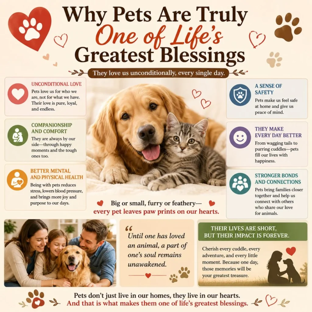Infographic showing why pets are one of life's greatest blessings through love, companionship, comfort, and emotional support