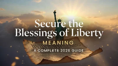 Secure the Blessings of Liberty Meaning: A Complete 2026 Guide - Statue of Liberty with glowing Constitution parchment at sunrise, representing American freedom and constitutional rights
