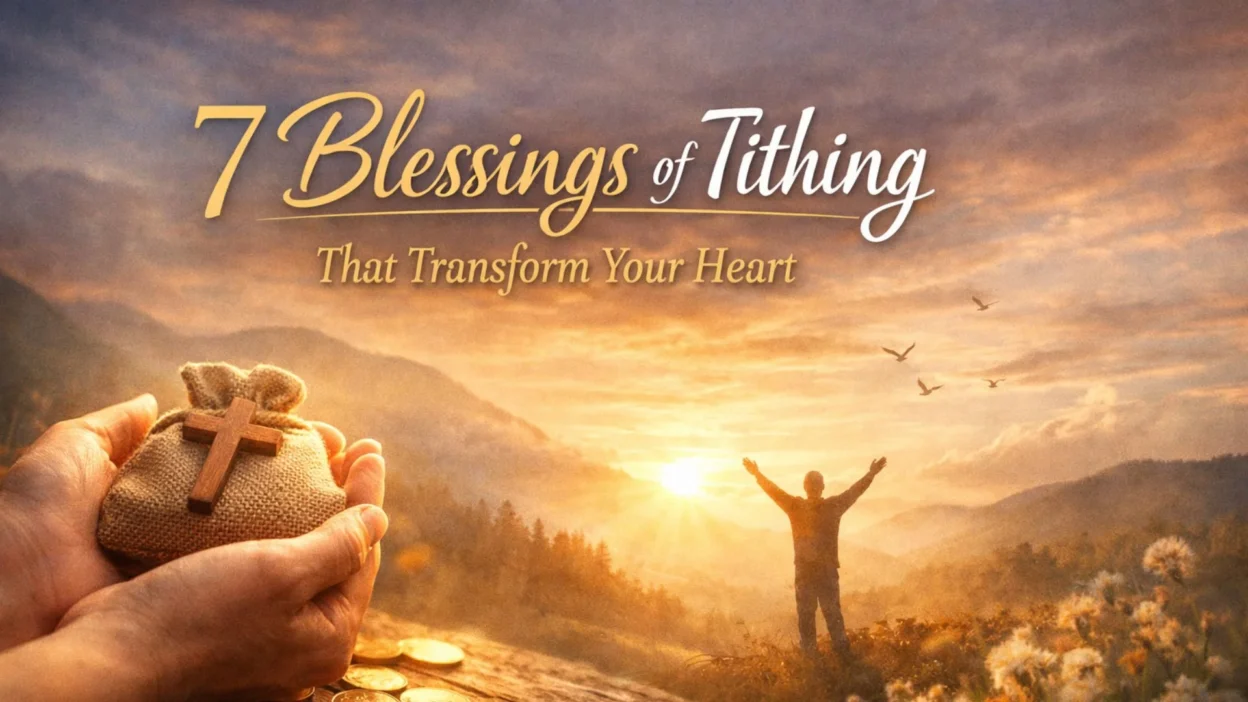 7 blessings of tithing title over peaceful sunrise with silhouette raising hands in faith and gratitude