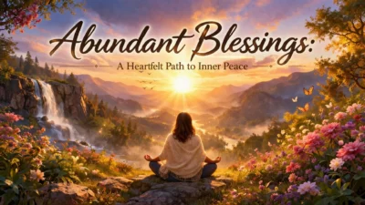 A peaceful sunrise landscape with a woman meditating in nature, symbolizing abundant blessings and inner peace.