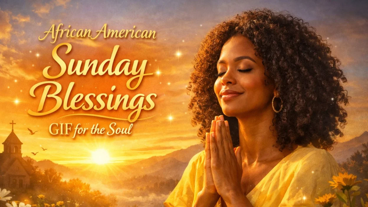 African American woman praying at sunrise with Sunday blessings message and golden spiritual background