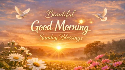 Beautiful good morning Sunday blessings with golden sunrise, blooming flowers, and peaceful sky background