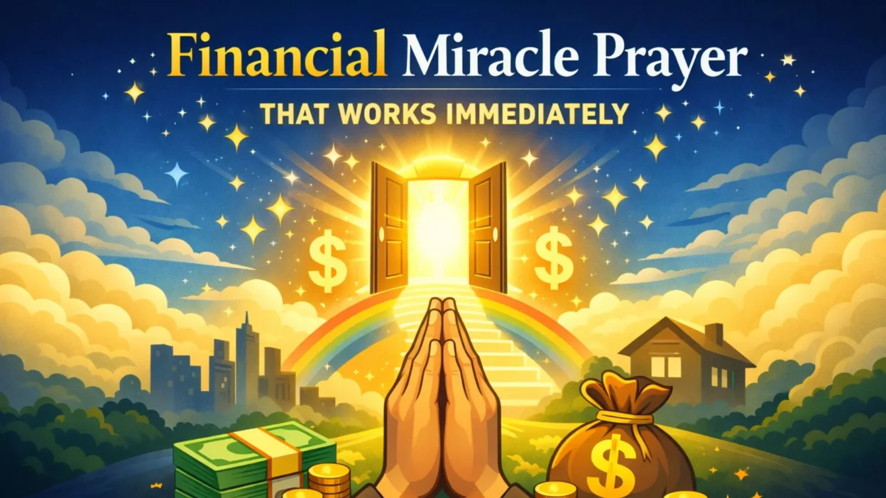 Financial miracle prayer that works immediately with praying hands, glowing door, and money symbols illustration