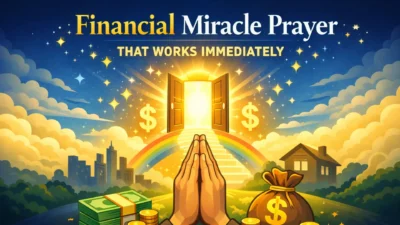 Financial miracle prayer that works immediately with praying hands, glowing door, and money symbols illustration