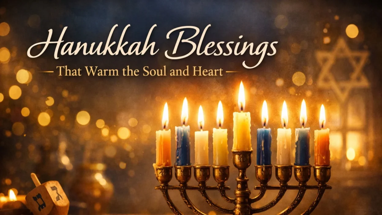 Hanukkah menorah with glowing candles and warm lights symbolizing heartfelt Hanukkah blessings and spiritual warmth