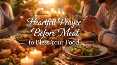Family holding hands in prayer before meal at a warmly lit dinner table with food and candles