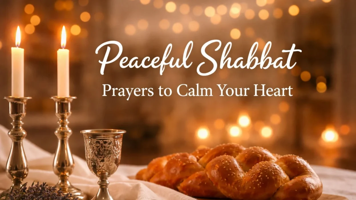 Peaceful Shabbat prayers scene with candles, challah bread, and warm glowing lights symbolizing calm and spiritual rest