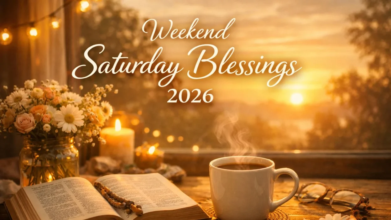 Weekend Saturday Blessings 2026 with sunrise, coffee, Bible and peaceful morning aesthetic.