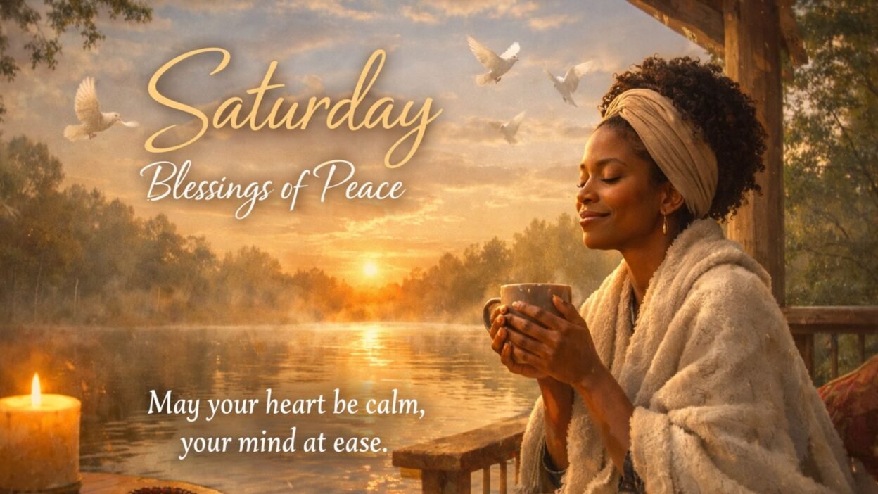 african american saturday blessings gif of peaceful sunrise woman praying with coffee by lake
