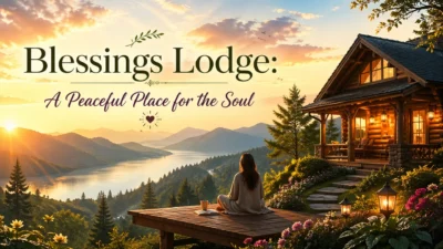 blessings lodge peaceful mountain view with woman meditating by lake at sunrise