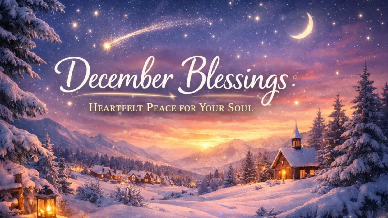 December blessings winter landscape with glowing lights, peaceful snowy village and spiritual calm evening sky