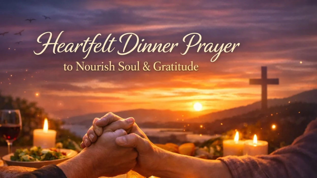 heartfelt dinner prayer with family hands holding at sunset table with candles and meal