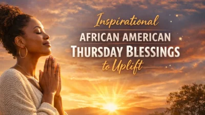 Inspirational African American Thursday blessings with praying woman at sunrise symbolizing peace, faith, and strength