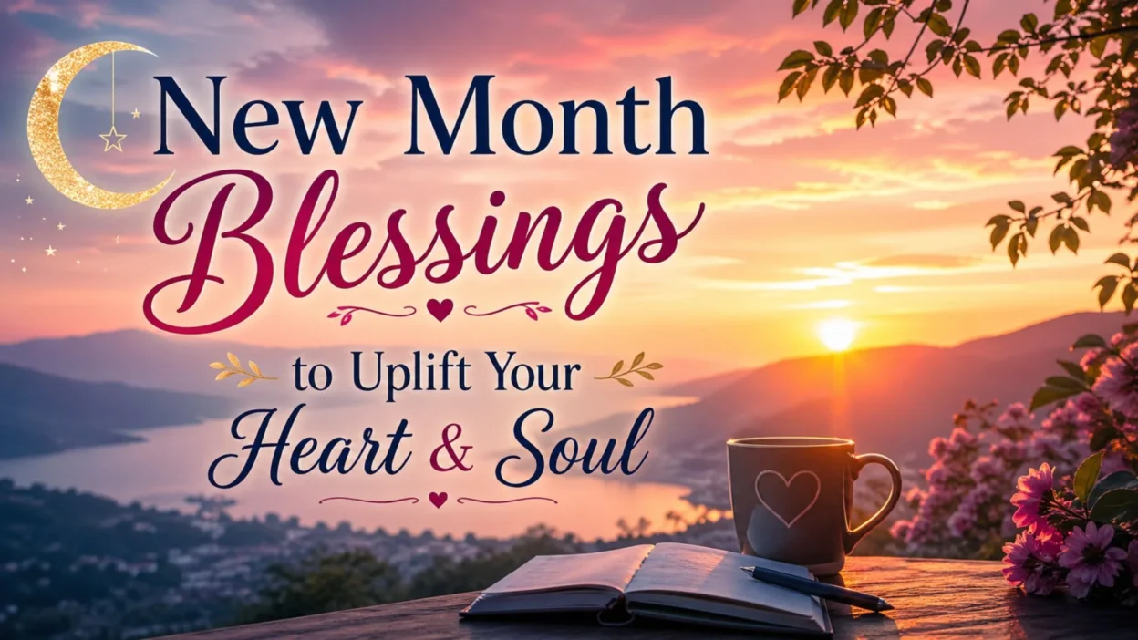 new month blessings sunrise landscape with peaceful lake, flowers, and inspirational quote for hope and fresh start