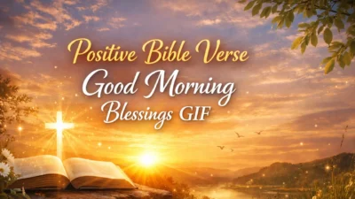 positive bible verse good morning blessings gif with sunrise, glowing cross, and open Bible