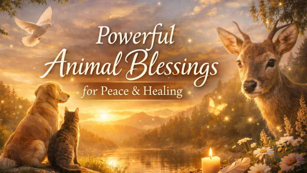powerful animal blessings for peace and healing with dog cat deer and dove in peaceful sunset nature