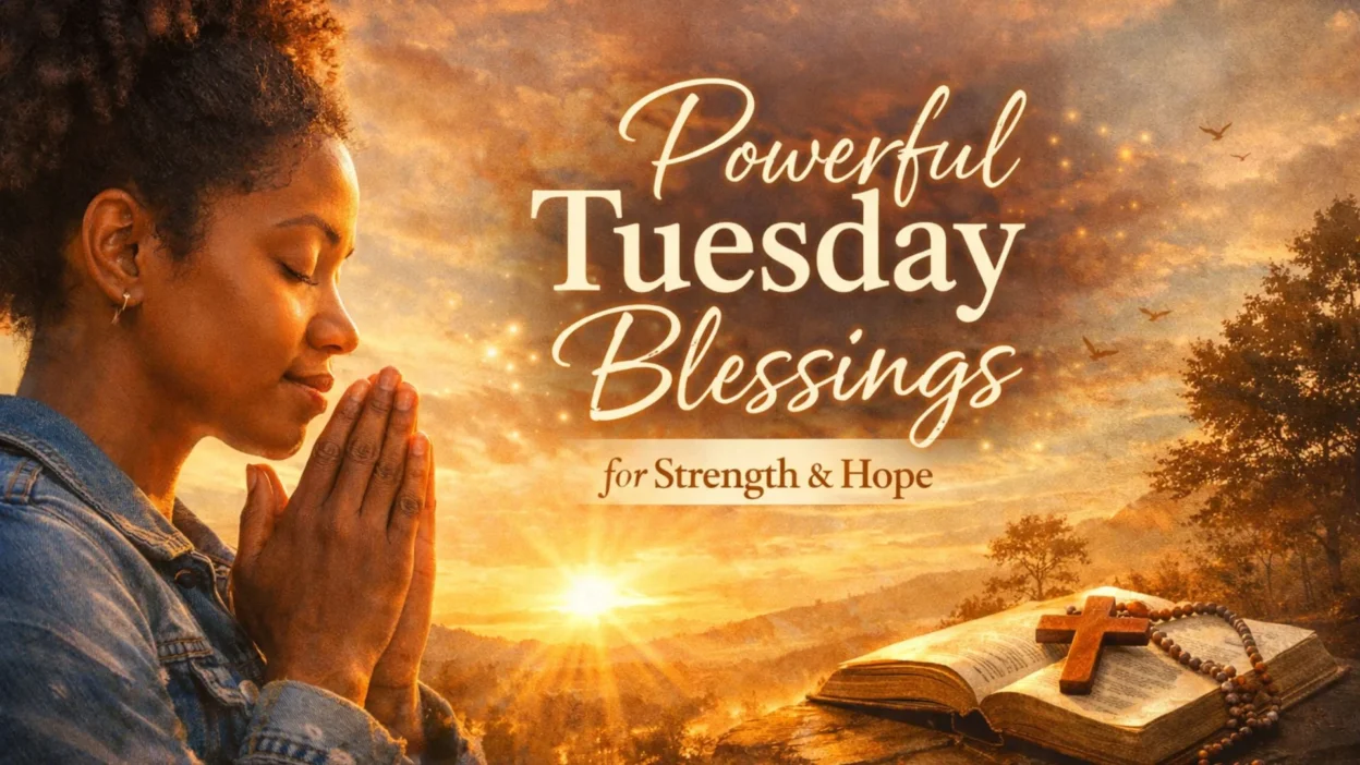 African American woman praying at sunrise with Bible, powerful Tuesday blessings for strength and hope
