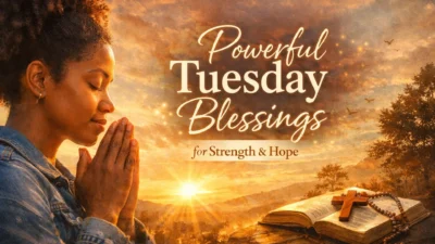 African American woman praying at sunrise with Bible, powerful Tuesday blessings for strength and hope