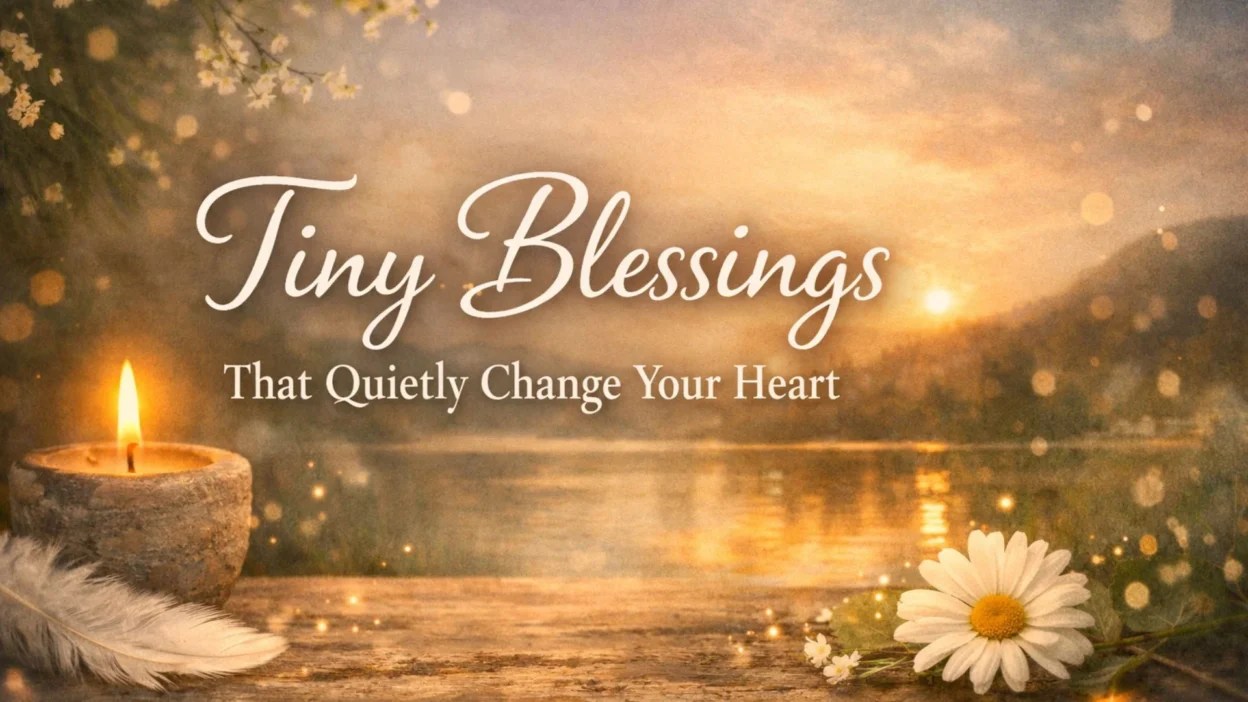 Tiny blessings quote with candle, daisy flower, and sunset lake creating a calm, peaceful spiritual scene