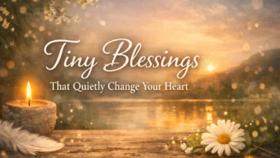 Tiny blessings quote with candle, daisy flower, and sunset lake creating a calm, peaceful spiritual scene