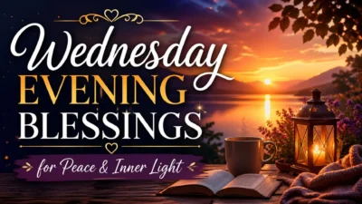 Wednesday evening blessings sunset lake scene with candle, book, and peaceful warm light reflection