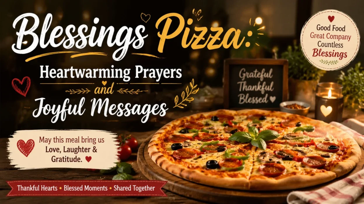 Warm blessings pizza dinner image with heartfelt prayers, joyful quotes, and cozy family meal atmosphere