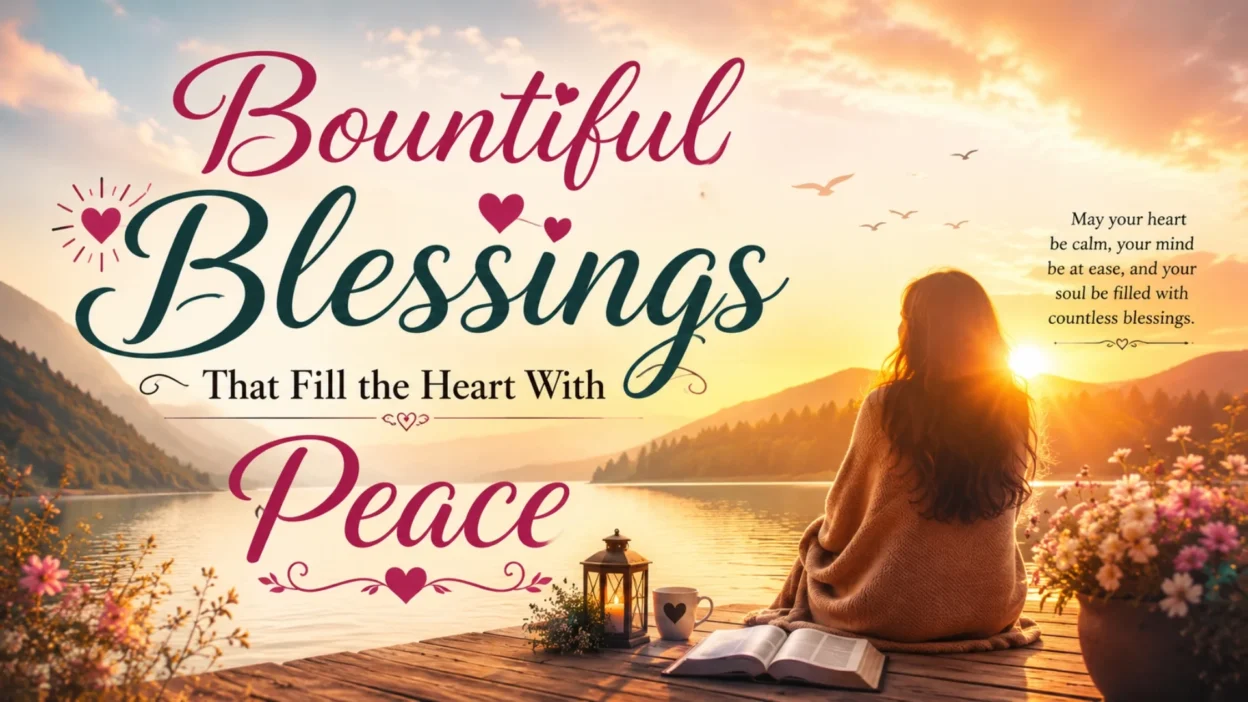 Woman watching sunrise by a peaceful lake with bountiful blessings quote and calming spiritual scenery