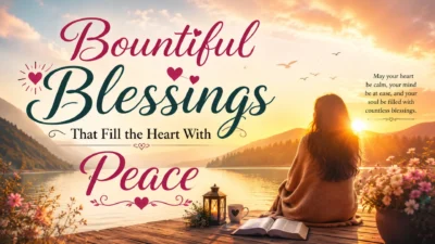 Woman watching sunrise by a peaceful lake with bountiful blessings quote and calming spiritual scenery