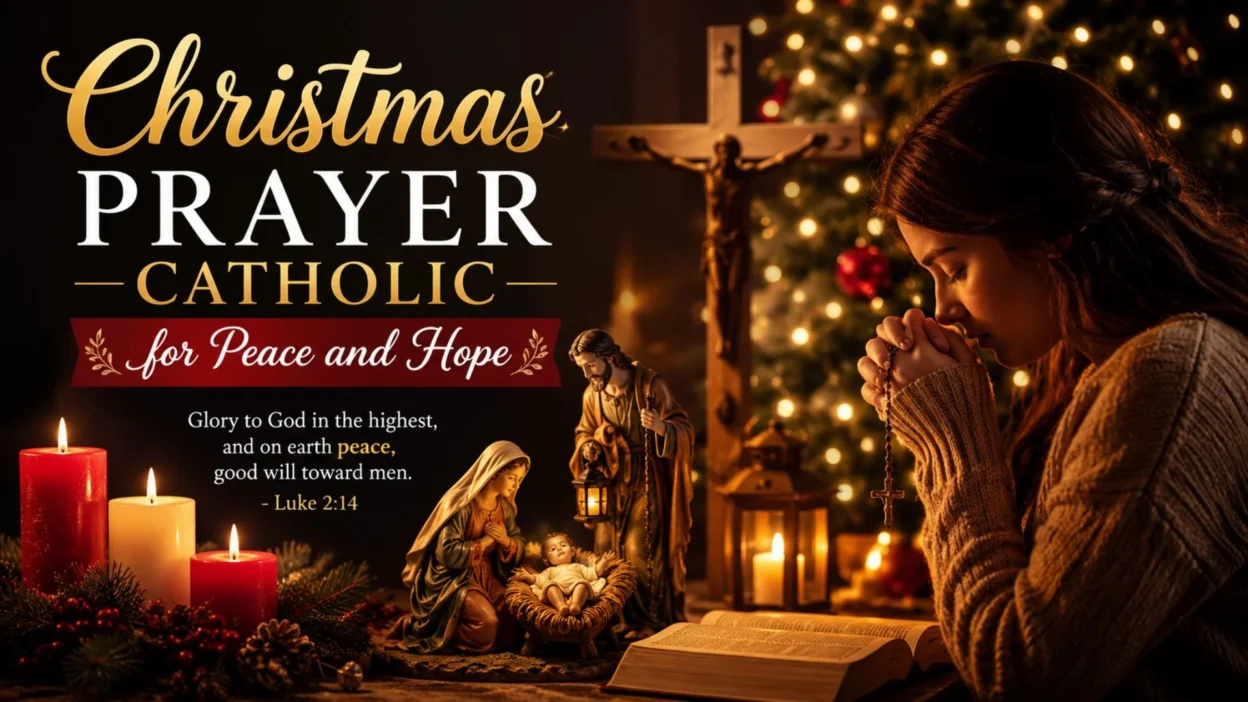 Catholic Christmas prayer scene with woman praying beside nativity, candles, Bible, and glowing Christmas tree