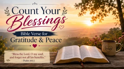 Woman praying peacefully at sunrise with count your blessings Bible verse inspiration