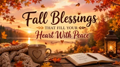 Peaceful fall blessings image with cozy coffee, autumn leaves, lantern, and sunset by a calm lake