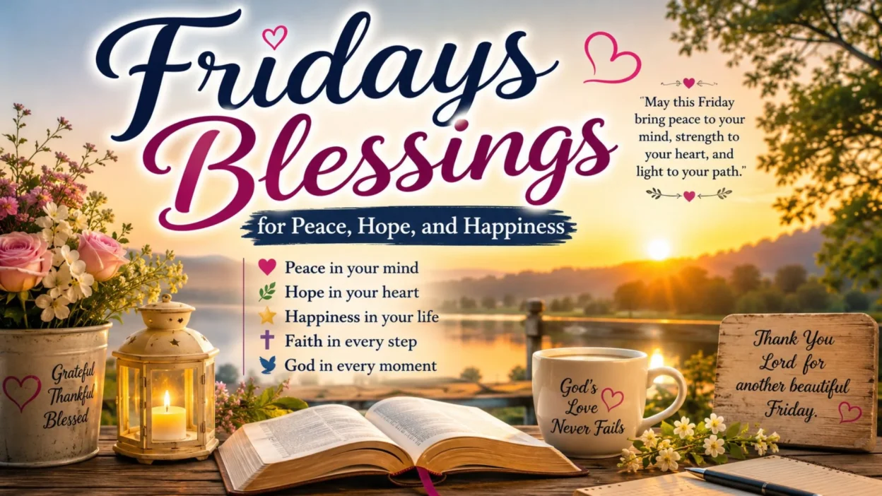 Fridays blessings image with sunrise, Bible, flowers, and peaceful quotes for hope, happiness, and spiritual comfort