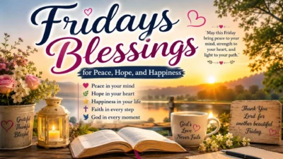Fridays blessings image with sunrise, Bible, flowers, and peaceful quotes for hope, happiness, and spiritual comfort