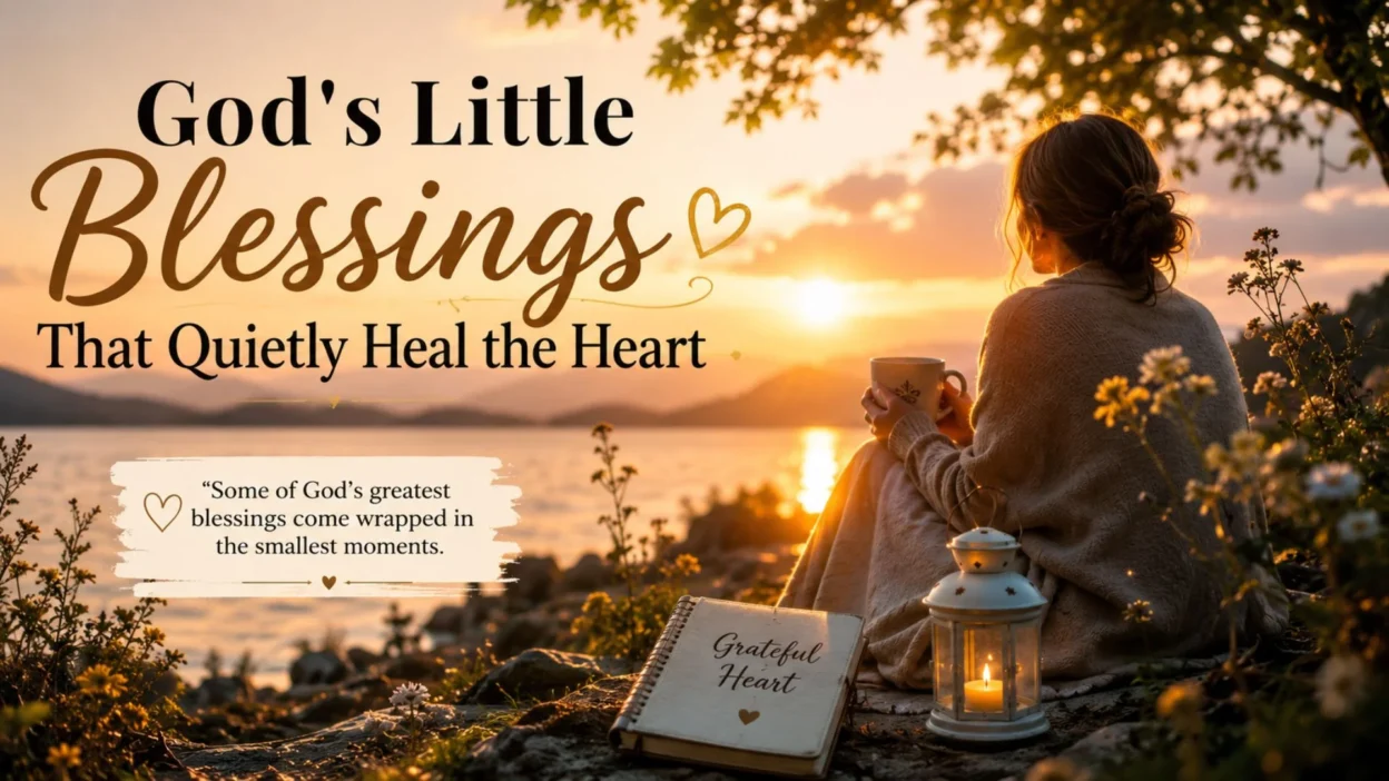 Woman watching sunset by the lake reflecting on God’s little blessings and peaceful healing moments