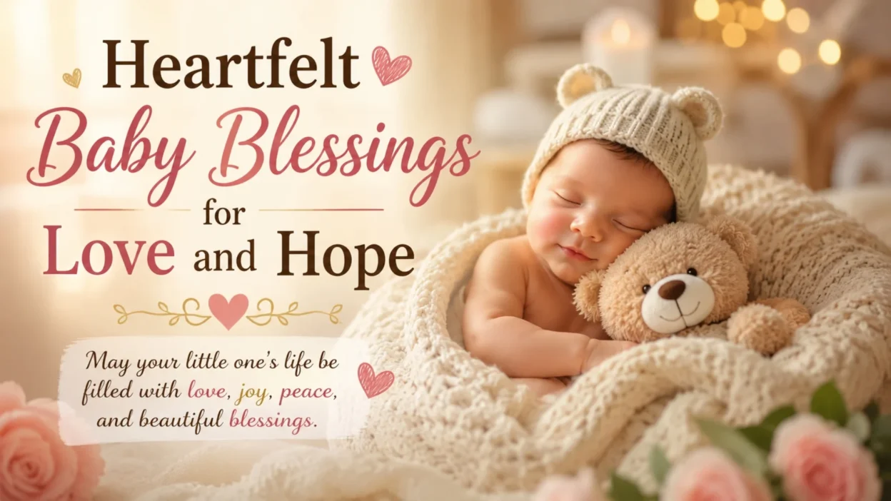 Sleeping baby with teddy bear and heartfelt baby blessings message for love and hope