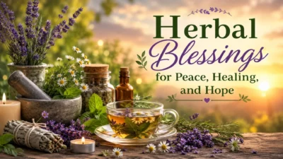 Herbal blessings image with lavender, chamomile tea, candles, and healing herbs for peace, hope, and wellness
