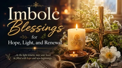 Imbolc blessings image with candles, flowers, and warm spiritual light symbolizing hope and renewal