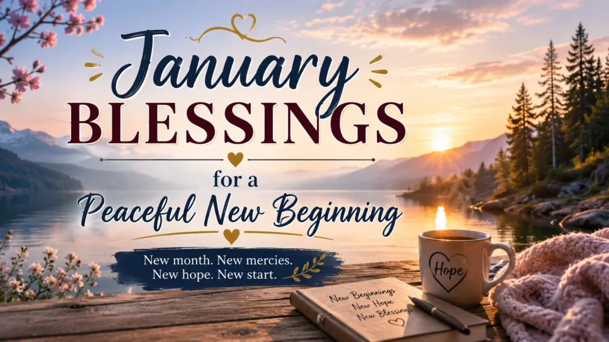 January blessings sunrise over peaceful lake with hopeful new beginning quote and cozy morning scene