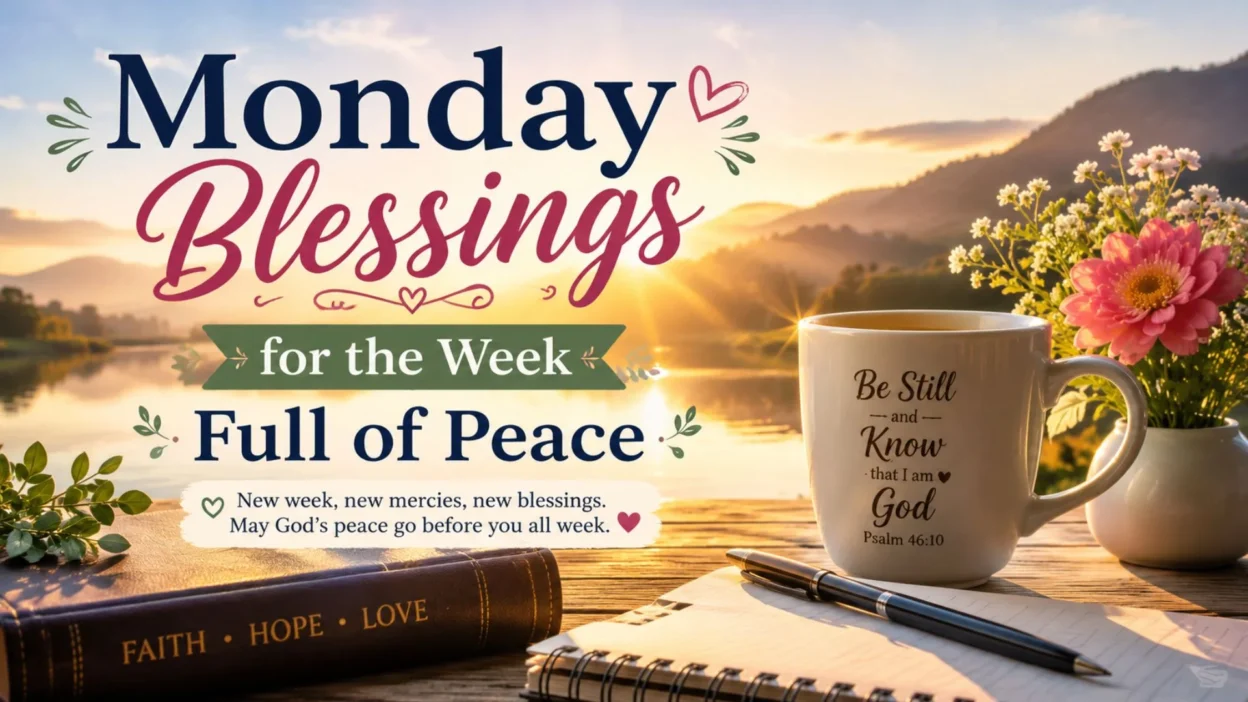 Monday blessings for the week full of peace with sunrise, coffee mug, flowers, and inspirational spiritual message
