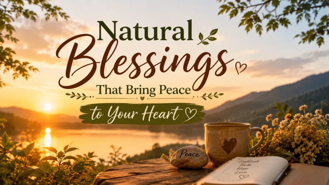 Natural blessings sunrise landscape with peaceful lake, flowers, and calming inspirational quote