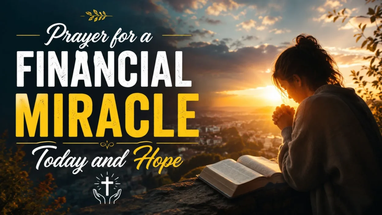 Woman praying at sunset with Bible and prayer for a financial miracle today text for hope and financial blessing
