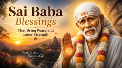 Sai Baba blessing image with peaceful sunset, spiritual aura, and message of inner strength and calm