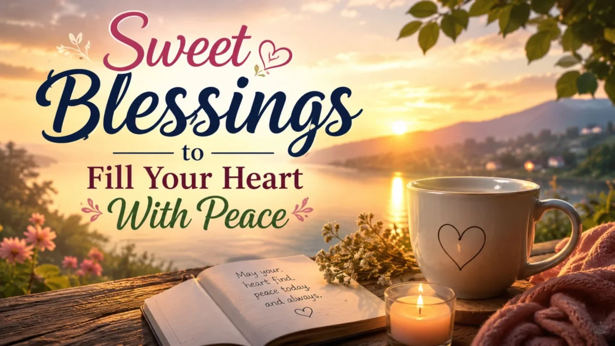 Sweet blessings quote image with peaceful sunrise, coffee mug, candle, and calming lake view