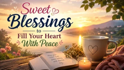 Sweet blessings quote image with peaceful sunrise, coffee mug, candle, and calming lake view