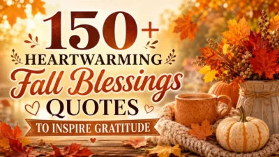 Cozy autumn image with fall leaves, pumpkins, and a warm drink for 150+ heartwarming fall blessings quotes.