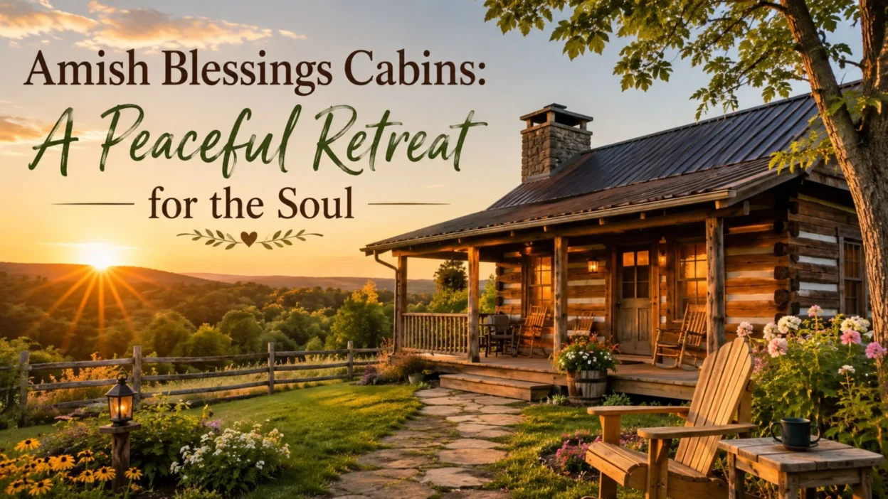 Amish Blessings Cabins at sunset with a rustic log cabin, peaceful countryside views, and a serene retreat atmosphere