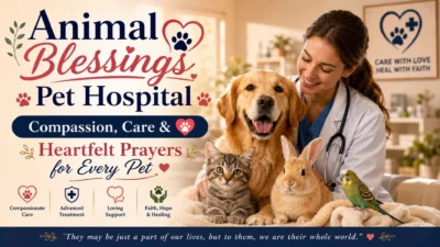 Animal Blessings Pet Hospital image with veterinarian, dog, cat, rabbit, and bird celebrating compassionate pet care.